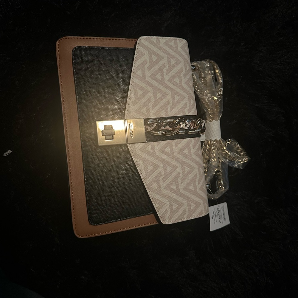Aldo Black, Brown & Cream Patterned Crossbody Bag with Gold Chain Accent